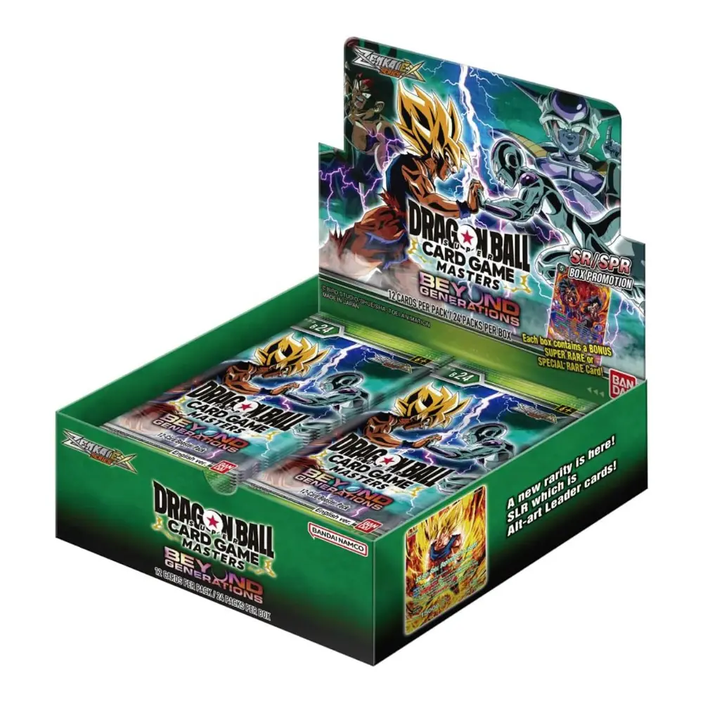 Dragon Ball Super Card Game 'Beyond Generations' Booster Box, englische Ausgabe. Die Box zeigt lebendige und actionreiche Illustrationen der beliebten Dragon Ball Charaktere, ideal für Sammler und Spieler des Dragon Ball Card Games.