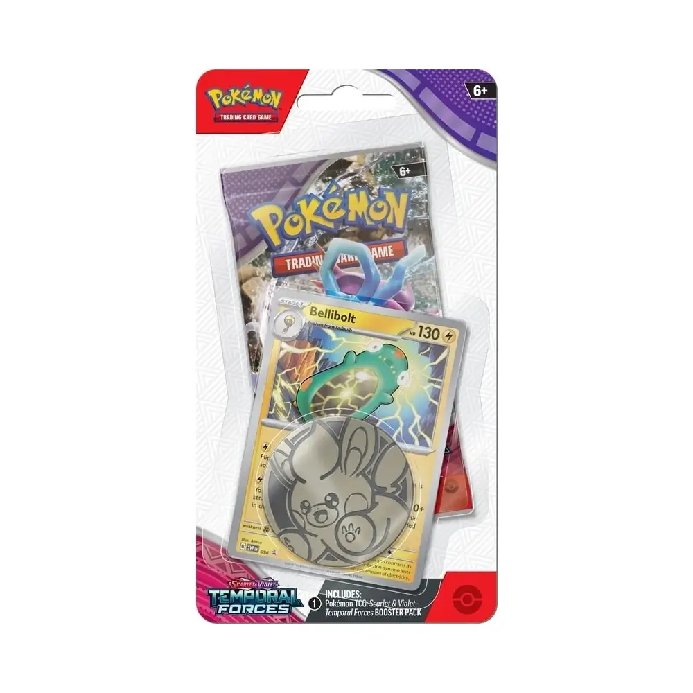 Ein Bild des Pokémon TCG: Scarlet & Violet - Temporal Forces Bellibolt 1-Pack Blister, das ein Boosterpack der Temporal Forces-Erweiterung und eine exklusive Bellibolt Promo-Karte zeigt.
