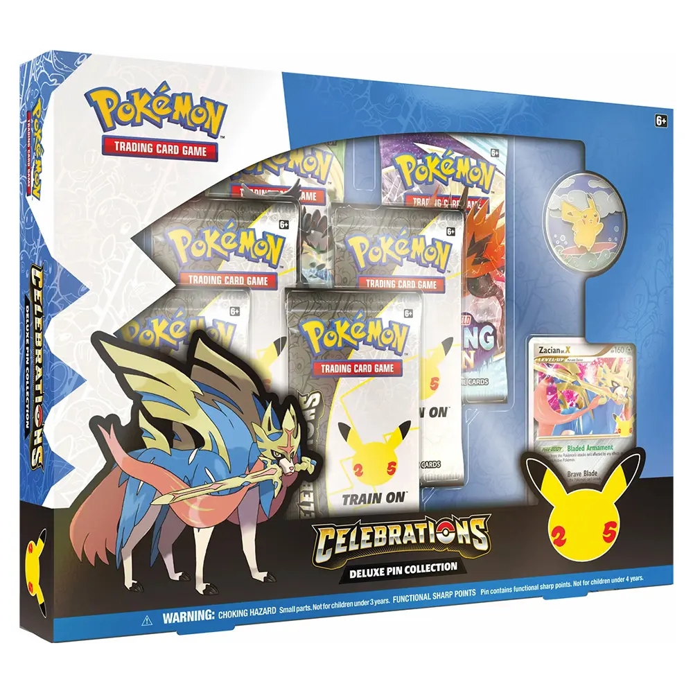 Eine abgebildete Pokémon Celebrations Deluxe Pin Sammlung, die verschiedene Trading Card Game Booster-Packs, eine exklusive Zacian V-Karte und einen Pikachu-Sammel-Pin enthält. Ideal für Sammler und Fans des Pokémon-Universums.