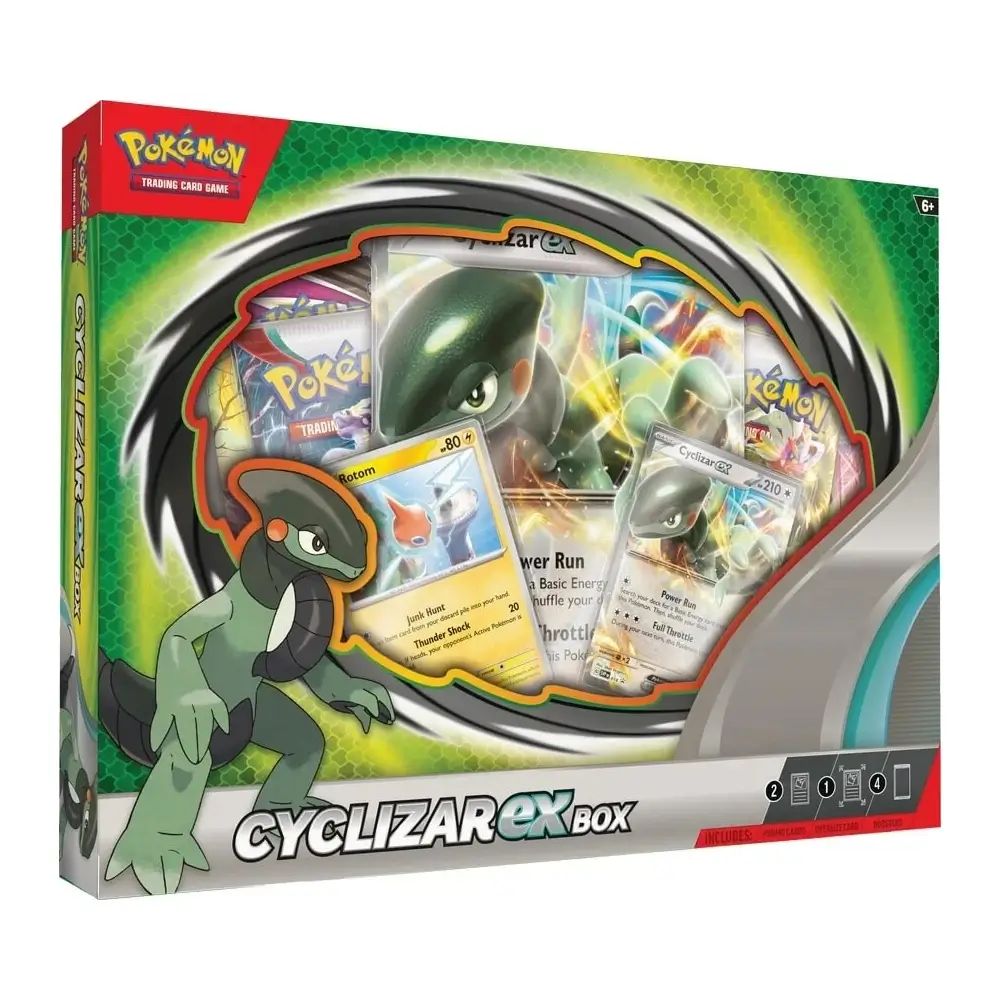 Abbildung der Pokémon TCG: Cyclizar ex Box mit Foil-Promo-Karte von Cyclizar ex, Rotom Karte und Boosterpacks