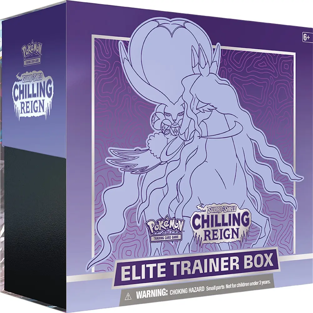 Chilling Reign Elite Trainer Box mit Pokémon Karten und Shadow Rider Calyrex Silhouette.
