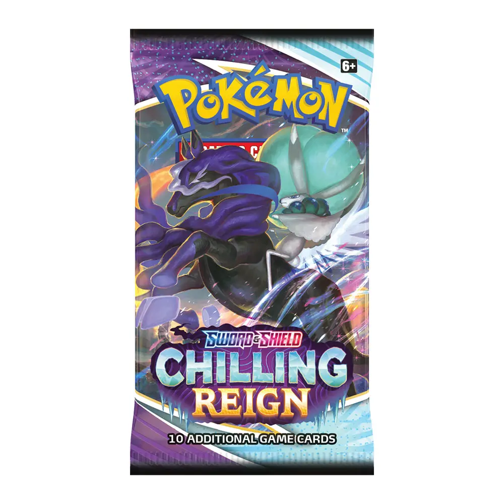 Schattenreiter Calyrex auf einem Pokémon Karten Chilling Reign Booster Pack.
