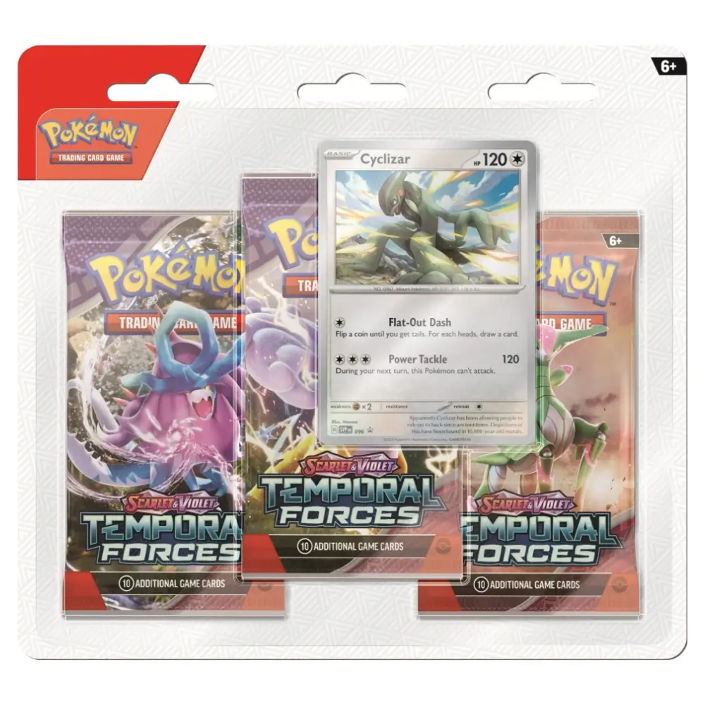 Ein Bild des Pokémon TCG: Scarlet & Violet - Temporal Forces Cyclizar 3-Pack Blister, das drei Boosterpacks der Temporal Forces-Erweiterung und eine exklusive Cyclizar Promo-Karte zeigt.