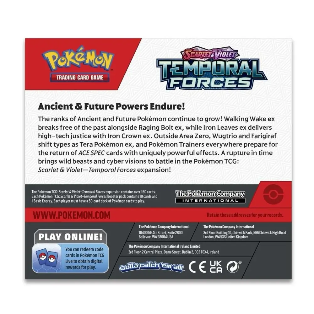 Dieses Bild zeigt die Rückseite eines Boosterpack-Displays der Pokémon TCG \"Temporal Forces\" Erweiterung. Es gibt einen informativen Text, der die Neuerungen und Besonderheiten der Erweiterung hervorhebt, sowie das Logo von The Pokémon Company Internati