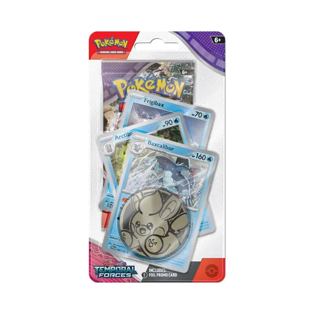 Pokémon TCG: Scarlet & Violet - Temporal Forces Baxcalibur Premium Checklane Blister, mit einem Boosterpack der Temporal Forces-Erweiterung und exklusiven Promo-Karten von Baxcalibur, Arctibax und Frigibax.