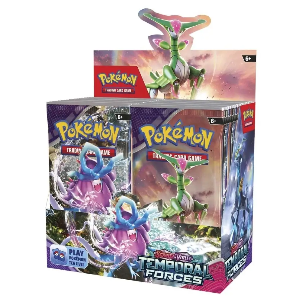 Hier ist eine Anzeige mit Boosterpacks der \"Temporal Forces\" Serie des Pokémon TCG zu sehen. Sie zeigt eine größere Packung, die als Display dient, mit mehreren Boosterpacks davor. Die Verpackungen zeigen verschiedene Pokémon in aktionsreichen Szenen.