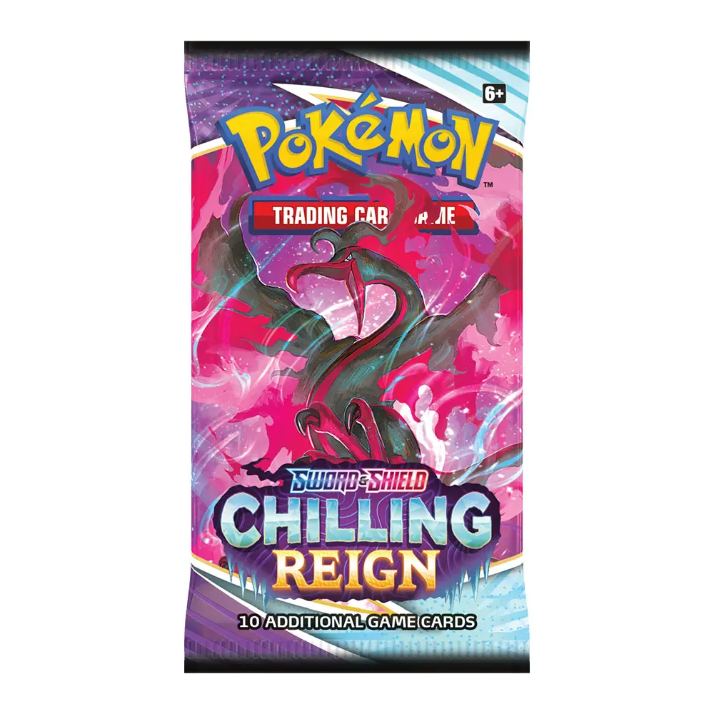 Pokémon Karten Pack, Chilling Reign Edition, mit der düsteren Darstellung von Galarian Moltres.