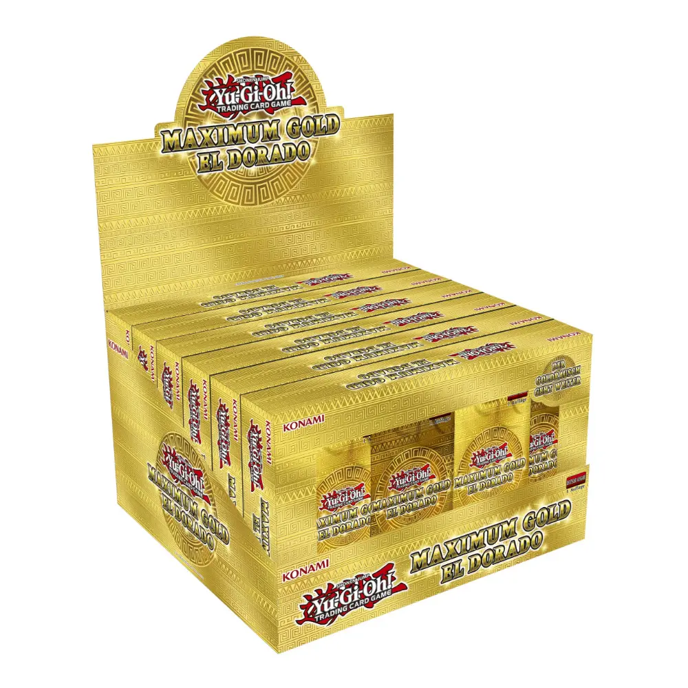 Display von Yu-Gi-Oh! Trading Card Game 'Maximum Gold: El Dorado' mit sechs Boxen, auf Deutsch. Die Verpackung zeigt charakteristische goldene Akzente und das Logo von El Dorado, ideal für Sammler und Spieler von Yu-Gi-Oh! Karten.