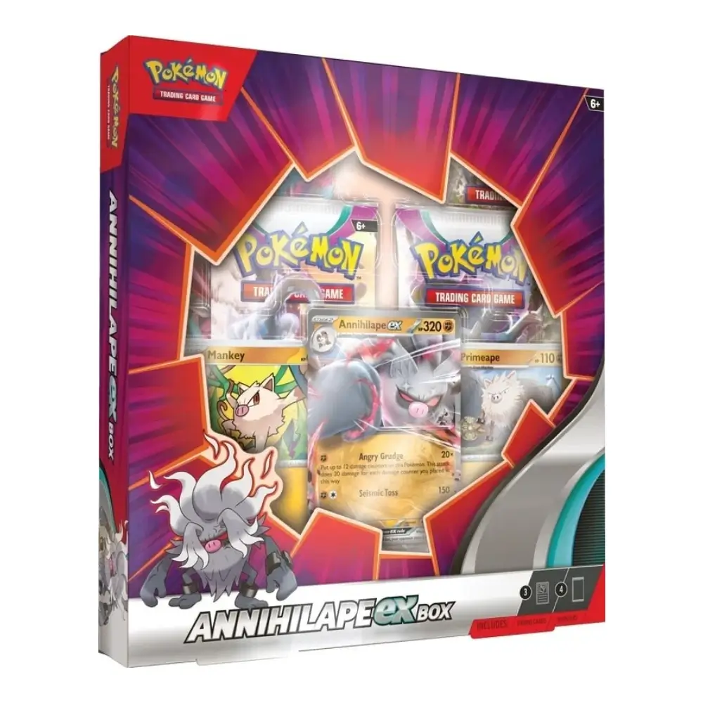 Produktbild der Pokémon TCG: Annihilape ex Box mit Foil-Promo-Karte von Annihilape sowie Karten von Primeape und Mankey