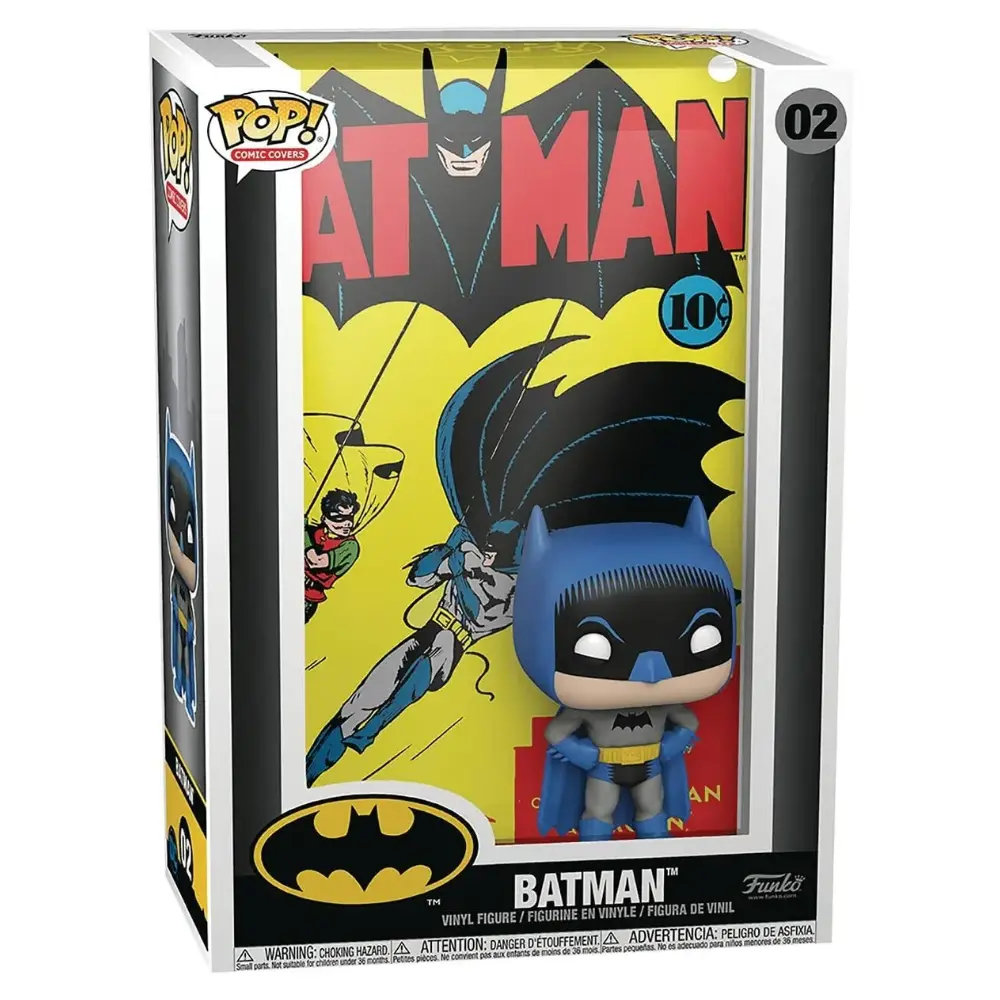Funko Pop! Batman Figur #02 aus der Comic Covers Serie in Fensterbox, zeigt Batman in klassischem blauen Kostüm vor gelbem Comic-Hintergrund.