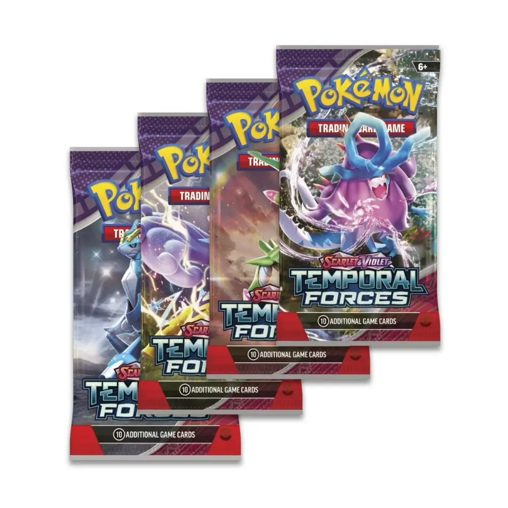 Dieses Bild zeigt vier Boosterpacks des Pokémon TCG aus der \"Temporal Forces\" Erweiterung, die zum Kauf angeboten werden. Die Verpackungen haben ein auffälliges, futuristisches Design mit Darstellungen von Pokémon-Charakteren in lebhaften Farben. Das Ha